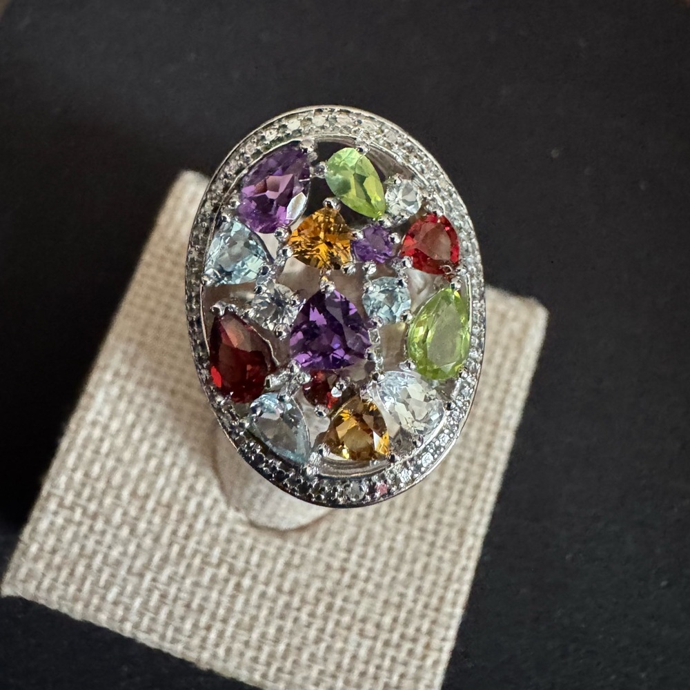 Beautiful Silver 925 Multicolor Gemstones Ring with Crystal Accents - Picture 3 of 8